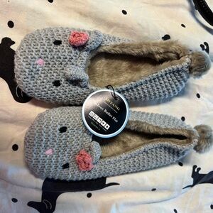 Mud Pie Gray Crochet Bunny Slippers with Pink Flower Accents